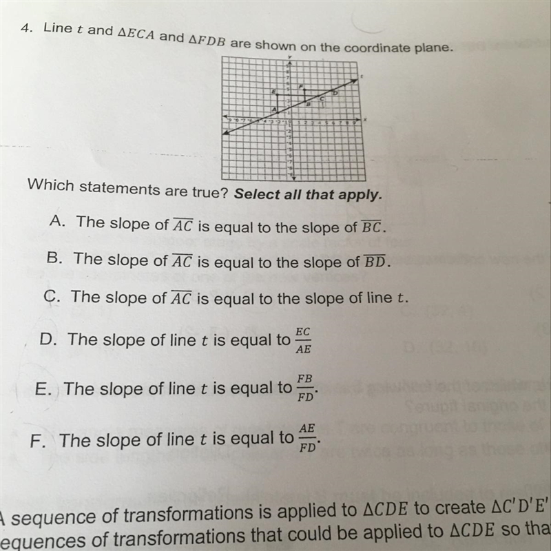 4. Line t and AECA and AFDB are shown on the coordinate plane Which statements are-example-1