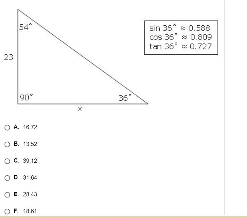 What is the approximate value of x in the diagram below? use one of the trigonometric-example-1