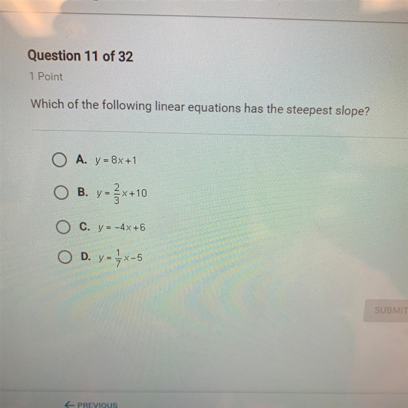 Which of the following linear equations has the steepest slope?-example-1