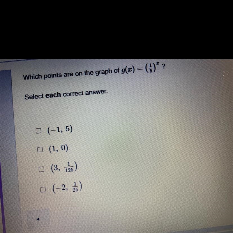 Which point on the graph of g(x)=(1/5)^x? HELPP-example-1