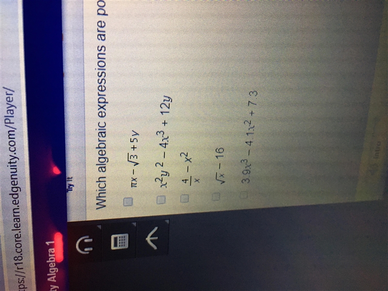 Which algebraic expressions are polynomials?-example-1