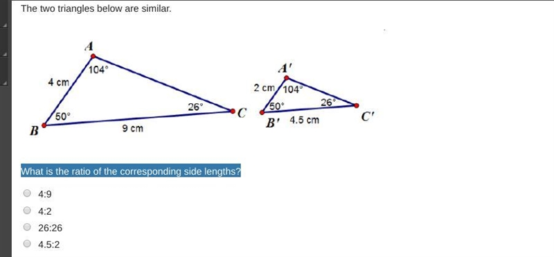 The two triangles below are similar.-example-1