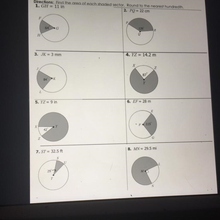 How to find the area of the shaded areas and to round the nearest hundredth please-example-1