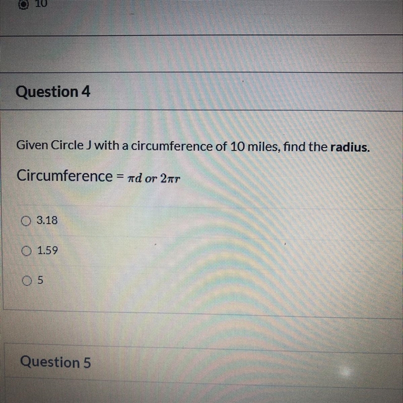 Given the J with a circumference of 10 miles find the radius-example-1