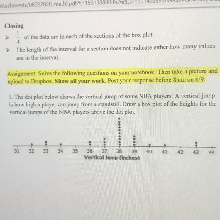 Help pleasseee •-• 1. The dot plot below shows the vertical jump of some NBA players-example-1