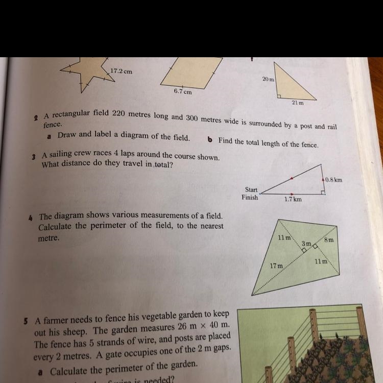 Question 4. The diagram shows various measurements of a field. Calculate the perimeter-example-1