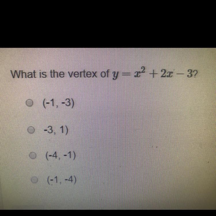 What is the vertex of y = x^2 + 2x - 3.-example-1