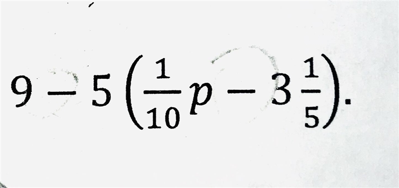 Rewrite the expression in standard form by collecting like terms in 9-5(1/10p-3 1/5)-example-1