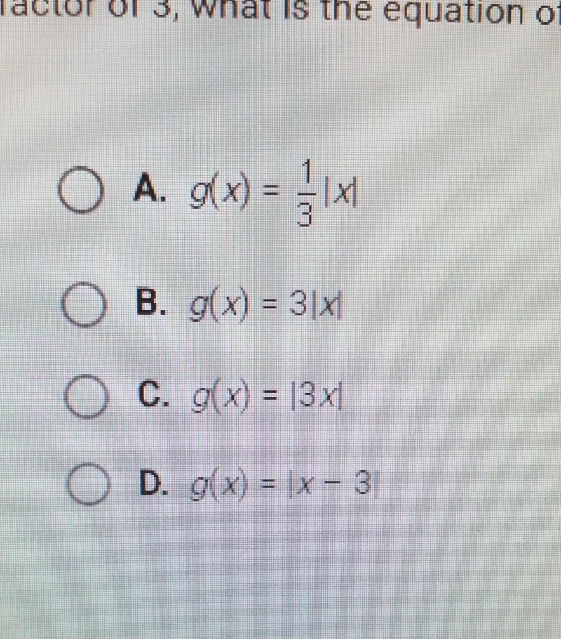 If you vertically compress the absolute value parent function, f(x) = |x1, by a factor-example-1