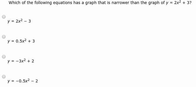 Please help. Which of the following equations has a graph that is narrower than the-example-1