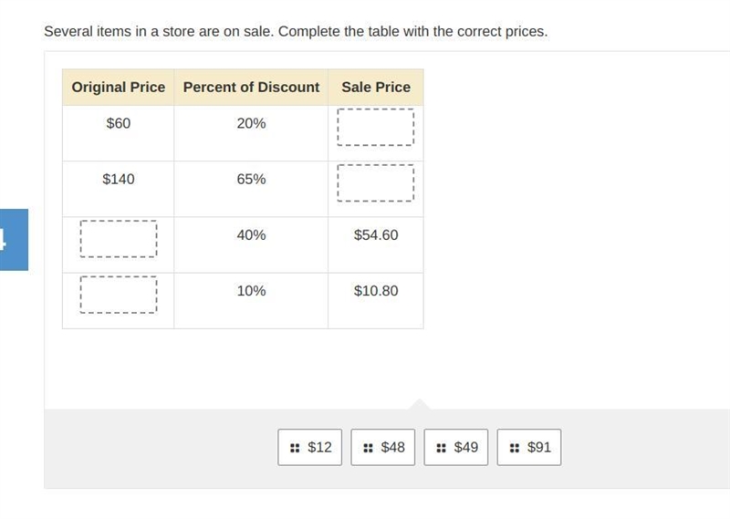 Several items in a store are on sale. Complete the table with the correct prices.... btw-example-1