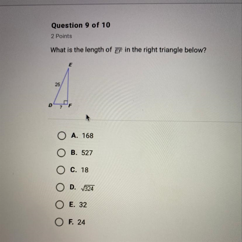 What is the length of EF in the right triangle below? 25-example-1