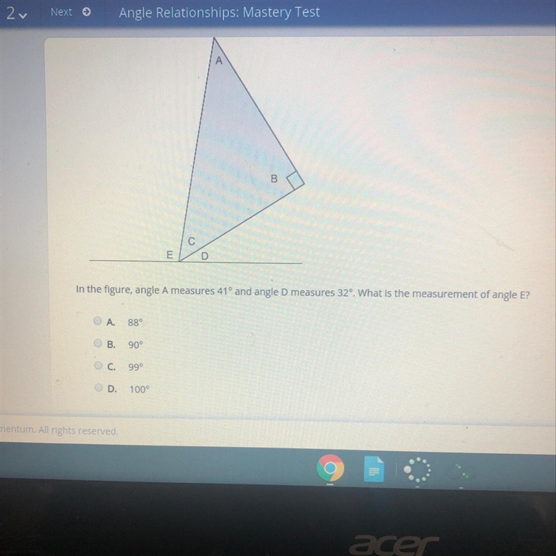 In the figure angle a measures 41 degrees and angle d measures 32. What is the measurement-example-1