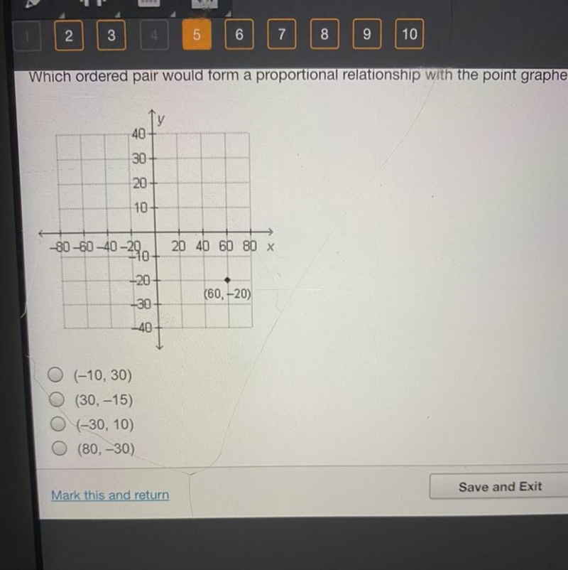 Which ordered pair would form a proportional relationship with the point graphed below-example-1