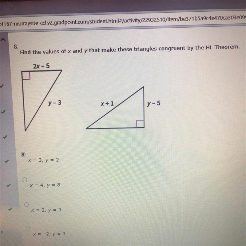 Find the values of x and y that make these triangles congruent by the hl theorem. A-example-1