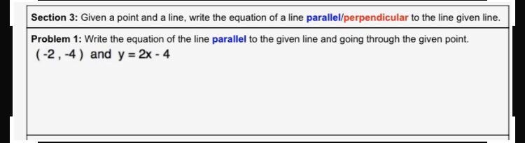 Write the equation of the line parallel to the given line and going through the given-example-1