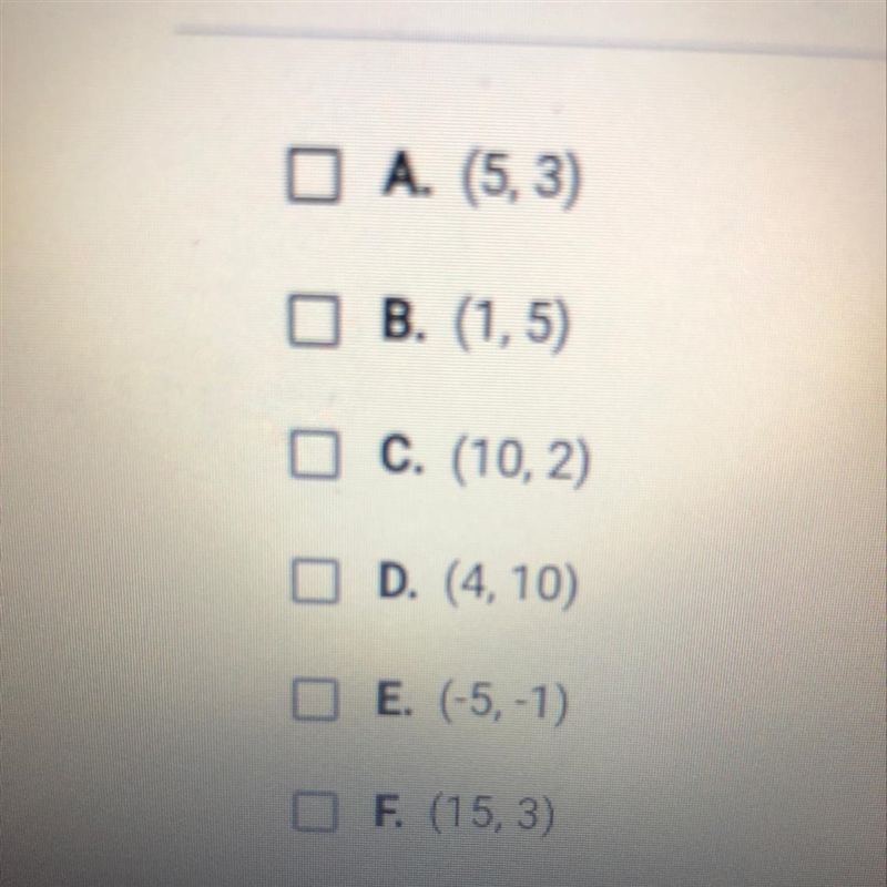 Select the ordered pairs that satisfy the equation y=1/5x.Check all that apply.-example-1