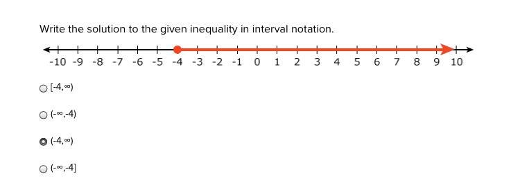 Write the solution to the given inequality in interval notation. [-4,∞) (-∞,-4) (-4,∞) (-∞,-4]-example-1