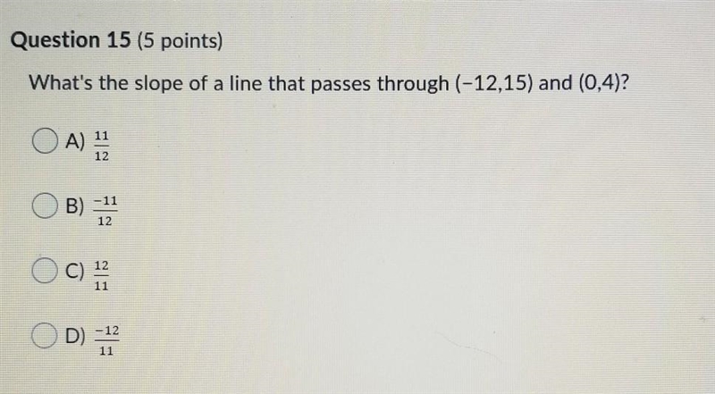 What's the slope of a line that passes through (-12,15) and (0,4)​-example-1