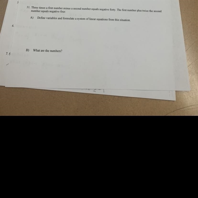 three times a first number minus a second number equals negative forty The first number-example-1