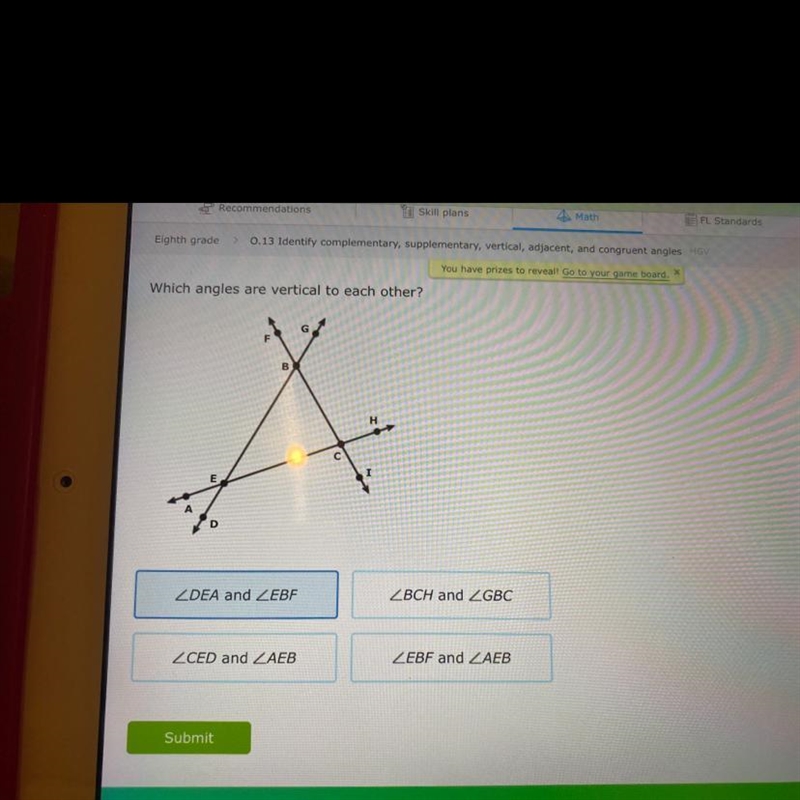 Which angles are vertical to each other? DEA and EBF BCH and GBC CED and AEB EBF and-example-1