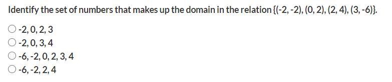 Identify the set of numbers that makes up the domain in the relation {(-2, -2), (0, 2), (2, 4), (3, -6)}.-example-1