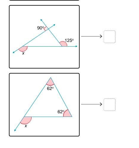 Match the angle measures with the value of x in each triangle. i!mages below! 145° 33° 46° 124° 60°-example-2