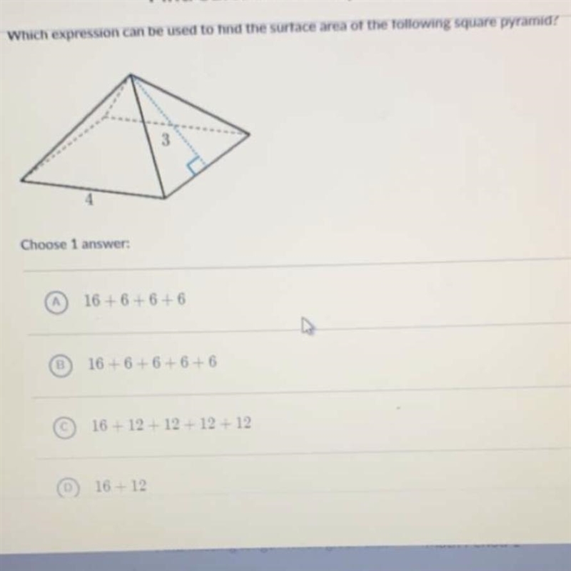 Which express can be used to find the surface area of the following square pyramid-example-1