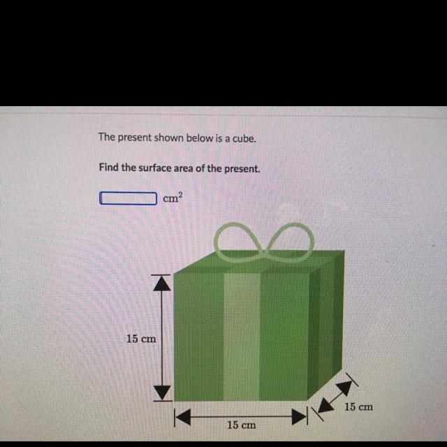 The present shown below is a cube. Find the surface area of the present. cm' 15 cm-example-1