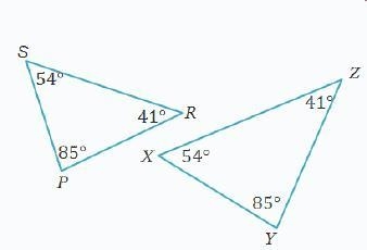 The triangles below are similar. Which similarity statements describe the relationship-example-1