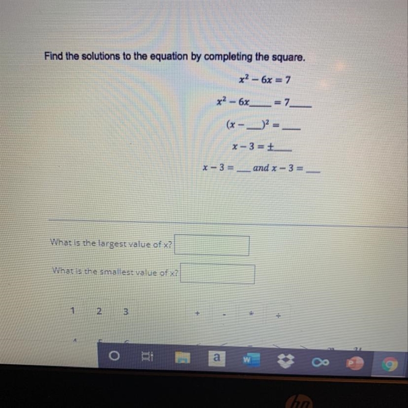 Find the solutions to the equation by completing the square. x² - 6x = 7 x² - 6x___= 7 (x-example-1