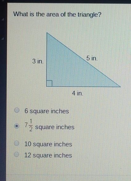 What is the area of the triangle? 3 in. 5 in. ​-example-1