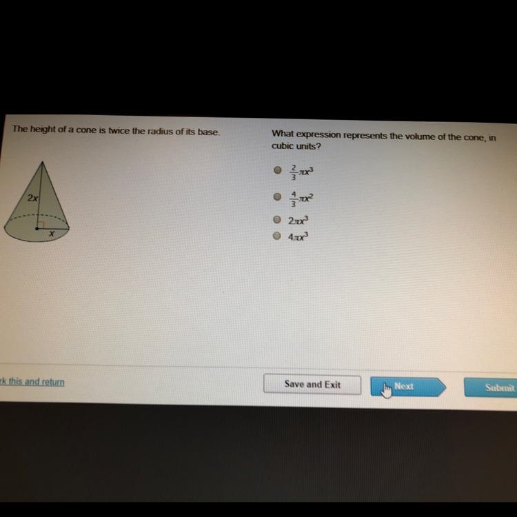 The height of a cone is twice the radius of its base. What expression represents the-example-1