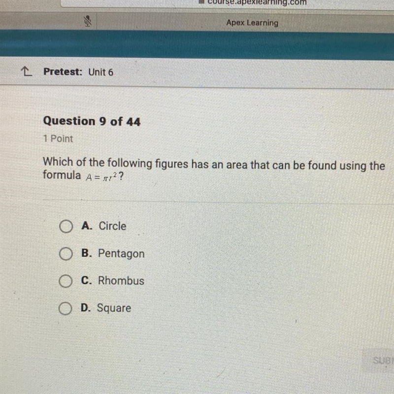 Which of the following figures has an area that can be found using the formula A=(pi-example-1