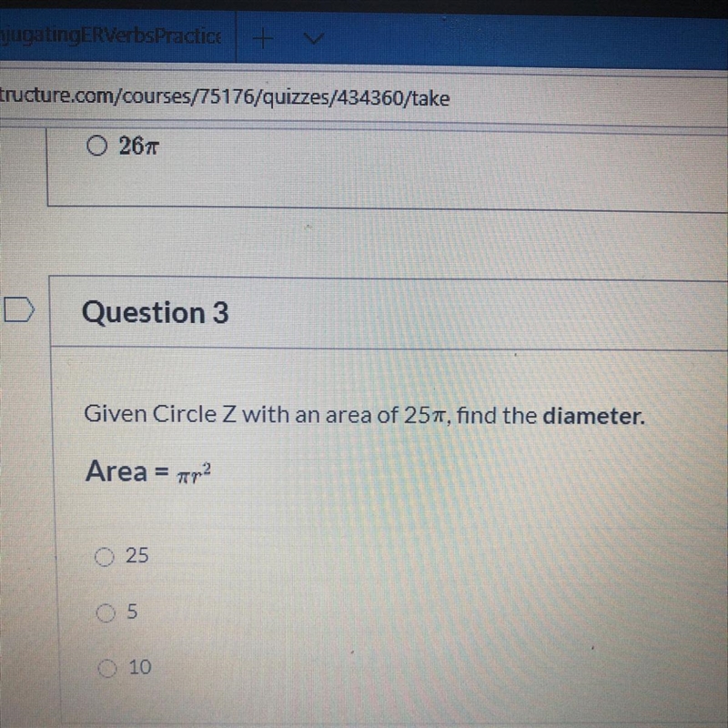 Given Circle Z with an area of 25, find the diameter.-example-1