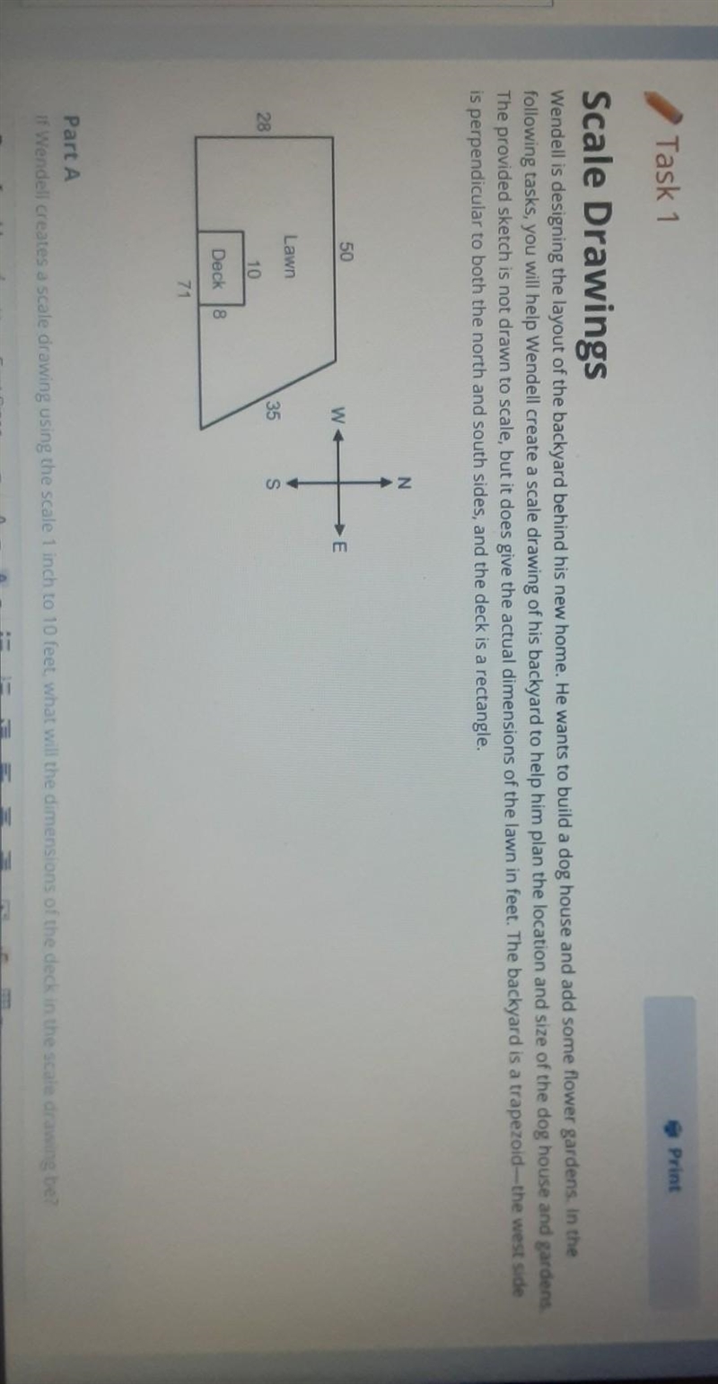 In the scale drawing what will the length of the West side of the back years be? ​-example-1