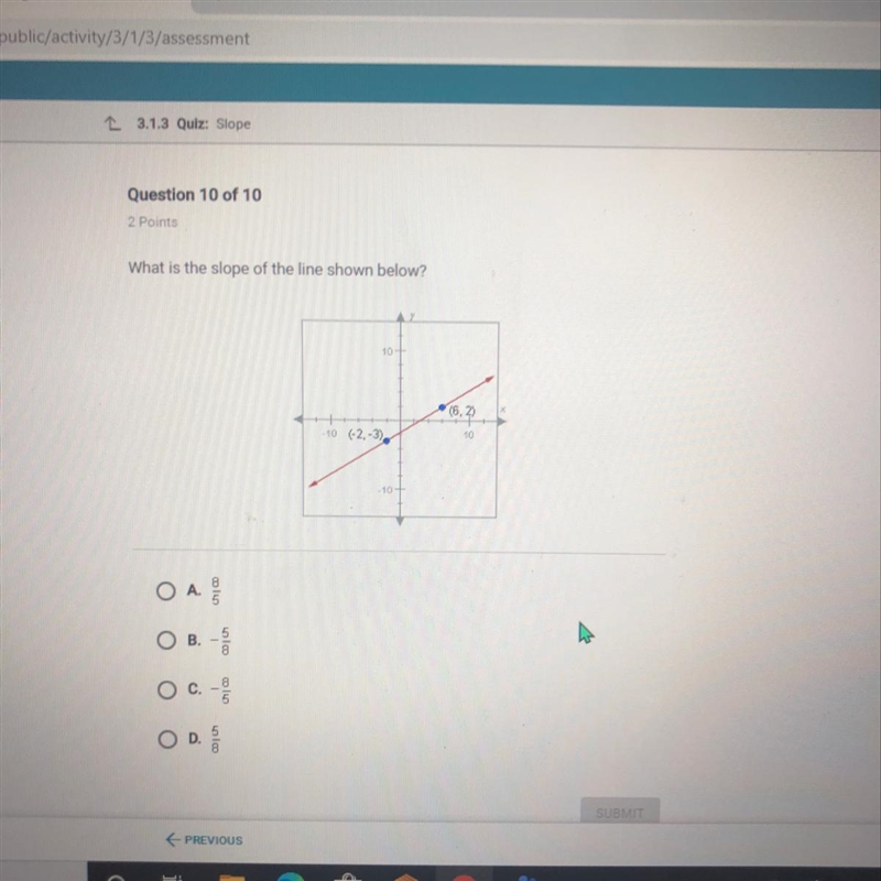 What is the slope of the line shown below? 10 (6,2) 10 (-2,-3) 10 10- O A. olm O B-example-1