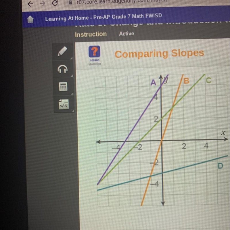 Using the graph, order the lines from the steepest slope to the least steep slope-example-1