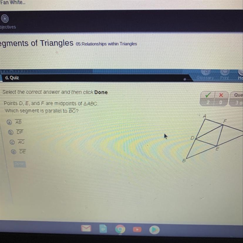 Points D, E, and F are midpoints of AABC. Which segment is parallel to BC?-example-1