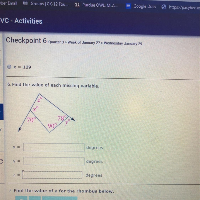 6. Find the value of each missing variable. 7. Lol 80 900 degrees Xx N degrees degrees-example-1