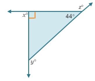 What is the measure of each exterior angle of the right triangle? x = ° y = ° z = ° HELLLLLLLLP-example-1