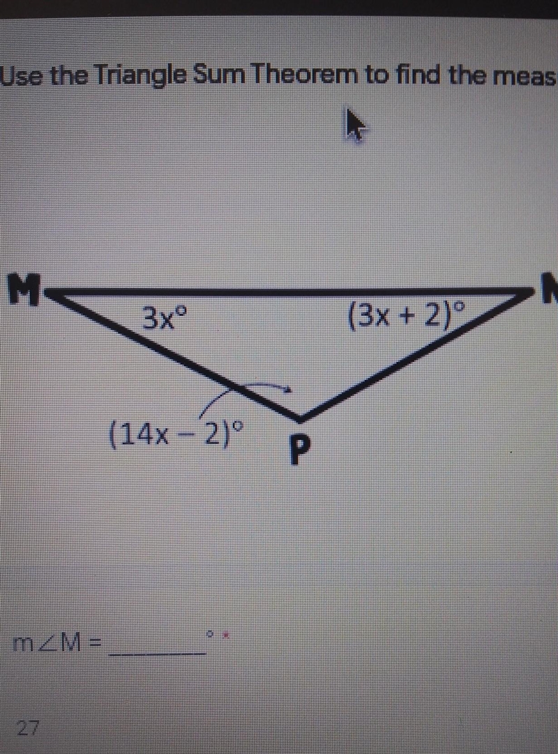 Solve using the Triangle Theorem to find the measures of each angle in degrees.​-example-1