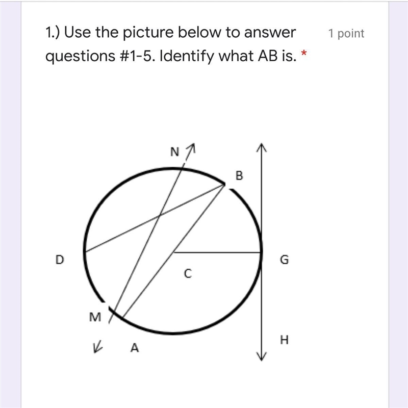 Can someone please help what would the chord, radius , diameter and secant be-example-1