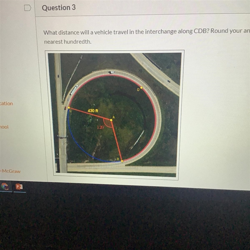 What distance will a vehicle travel in the interchange along CDB? Round your answer-example-1