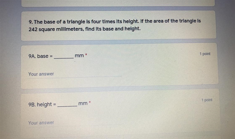 10 POINTS!! HURRY FAST! FIND THE BASE AND HEIGHT BASED ON THE AREA!! FIRST CORRECT-example-1