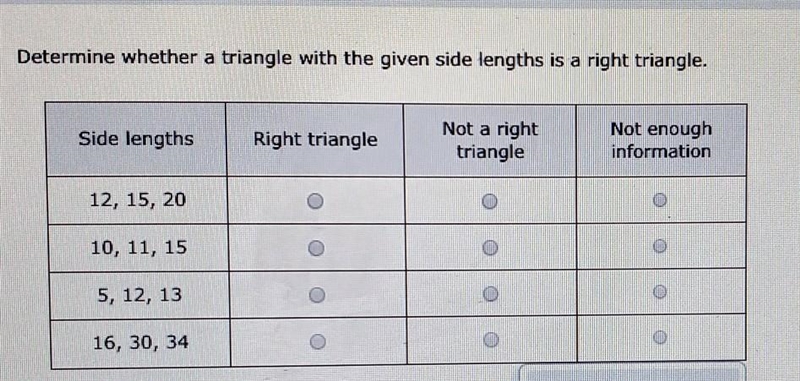 Determine if the side lengths could be a right triangle. ​-example-1