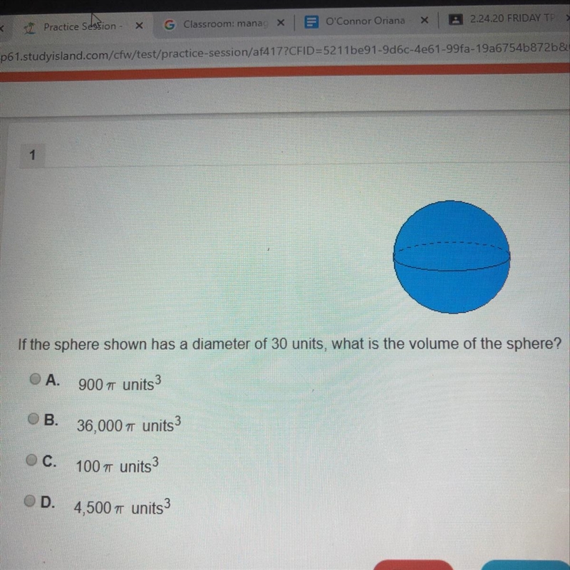 If the sphere shown has a diameter of 30 units, what is the volume of the sphere? A-example-1