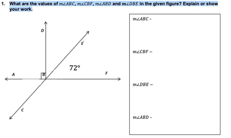 What are the values of m∠ABC, m∠CBF, m∠ABD and m∠DBE in the given figure? Explain-example-1