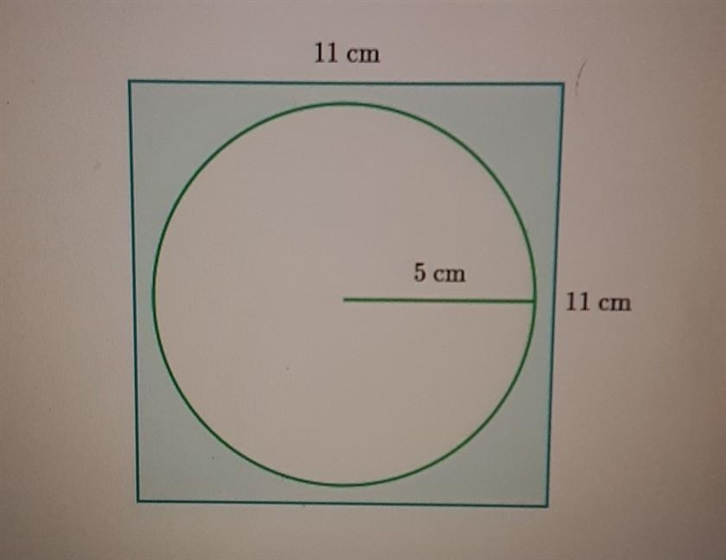 A circle with radius of 5 cm sits inside a 11 cm x 11 cm rectangle. What is the area-example-1