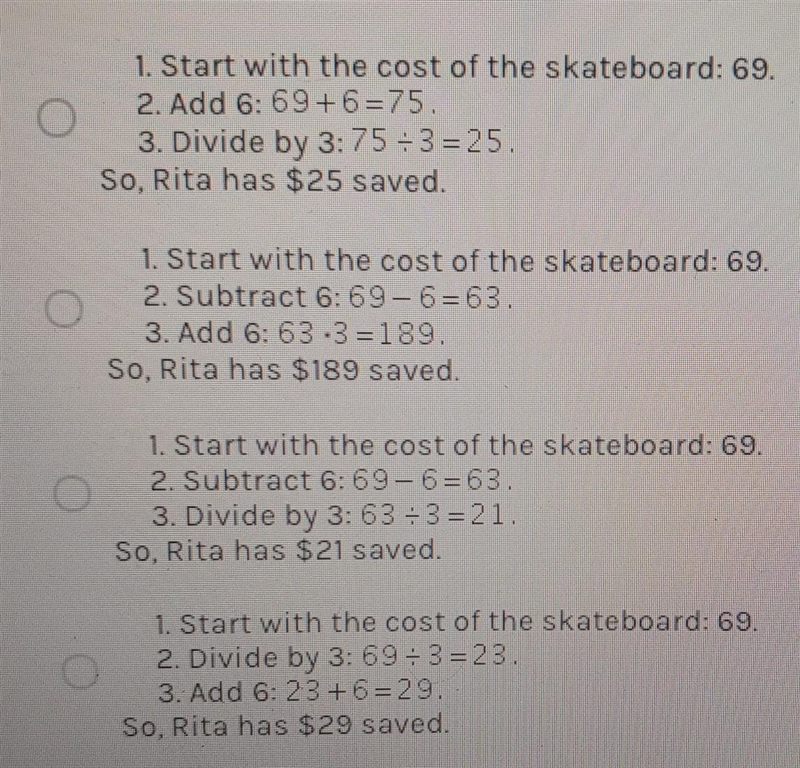 The skateboard Rita would like to buy cost $6 less than three times the amount she-example-1